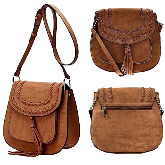 Franco Sarto Handbags - Franco Sarto Crossbody Saddle Bag Braided Detail Adjustable Strap Brown